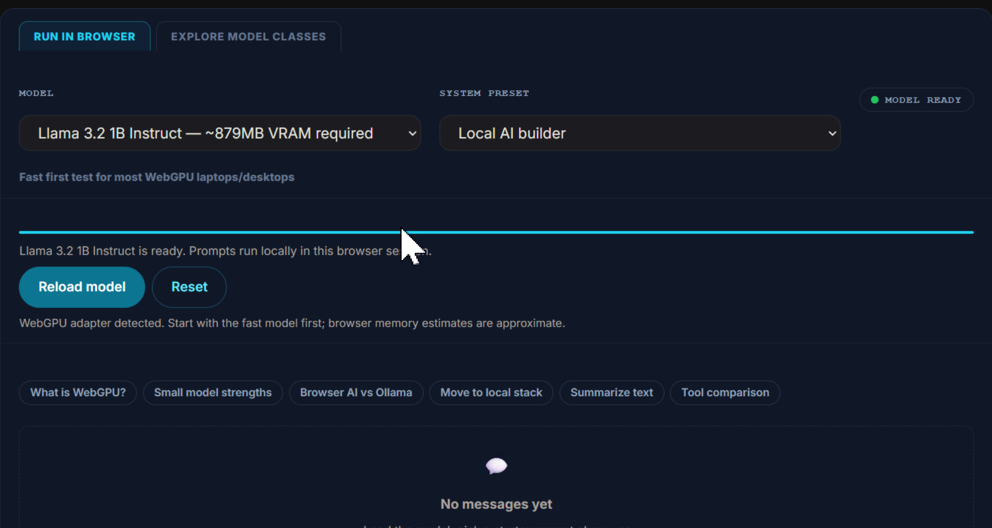 Browser AI Playground with Llama 3.2 1B Instruct loaded and a green MODEL READY badge: the status line reads 'Llama 3.2 1B Instruct is ready. Prompts run locally in this browser session', with a WebGPU adapter detected, Reload and Reset controls, and starter-prompt chips above an empty chat.
