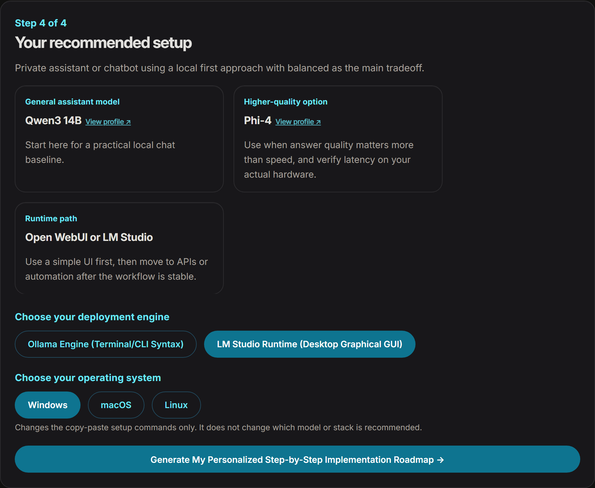 Model Builder Wizard recommended setup: Qwen3 14B as the general assistant model, Phi-4 as the higher-quality option, Open WebUI or LM Studio as the runtime path, plus deployment-engine and operating-system toggles ahead of a personalized step-by-step roadmap.